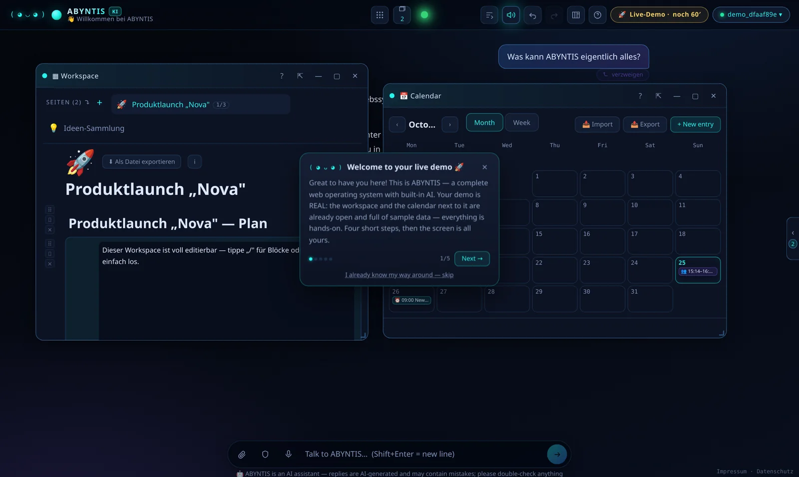 The live demo: workspace and calendar with sample data